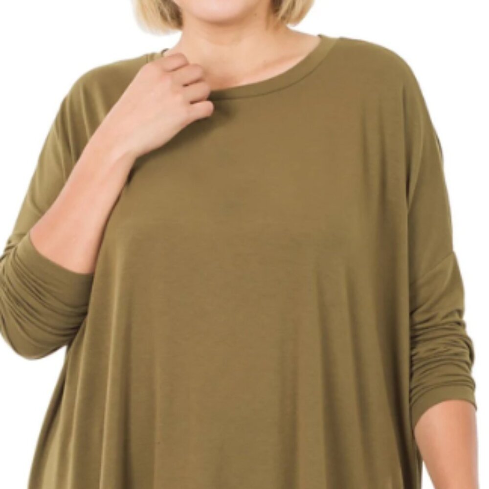 Zenana Plus Size Dusty Olive Dolman Sleeve Hi-Low Top with Side Slits